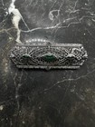 Vintage Art Deco Antique Green Stone White Metal Brooch Pin Estate Piece