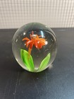 Vintage Mcm Paperweight Art Glass Orb With Orange Flower