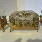 Vintage Hollywood Vanity Set Gold Metal Filigree Trinket Box   2 Bottles