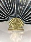 Vintage 1980s Hollywood Regency Gold Brass Seashell Blue Paper Folding Fan
