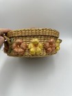 Woven Sewing Basket Vintage Wicker Colored Raffia Flowers 11  Round W Lid Rattan