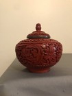 Nice Carved Chinese Red Cinnabar  Blue Enamel And Brass Jar  With Lid