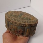 Antique Style Egyptian Stone Box Oval Handcrafted Pharaoh Chariot Relief Artwork