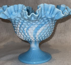 Vintage Fenton Blue Milk Marble Glass Hobnail Pedestal Bowl Ruffled Edge White