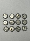 12 Vintage Inlaid Shell   Mother Pearl Button In Ornate Pewter Metal Ring 14mm