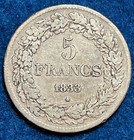 Silver Coin 5 Francs 1833 Belgium King Leopold I