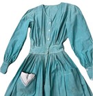 Antique Vintage 1930s Teal Cotton Day Dress Tiny 20    Waist As Is Stained