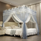 Bed Canopy Curtain Double Layer 4 Corners Post Lace Up Ruffle Princess Drape Net