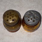 Vintage Boston Sandwich Amber Glass Antique Salt   Pep Shaker Set Metal Lids 2pc