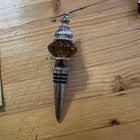 Vintage Amber Glass Bubble Wine Bottle Stopper Silver Tone Metal Barware Finial