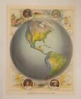Antique Beautifully Illustrated Pair Of 1885 Maps Of The Hemispheres