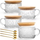 4-pack Vintage Glass Mugs With Bamboo Lids And Spoons Coffee Tea Cups Gifts F   