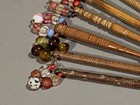 Set 6 Antique Wooden Lace Bobbins Glass Spangles Sewing Needle Work Textile Tool