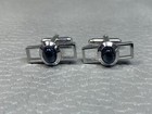 Vintage Onyx Center Mid Century Modern White Gold Plated Cuff Links
