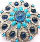 Vintage Panetta Signed Blue Cabochon Rhinestone Brooch Pin - Trifari Style Rare
