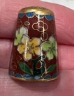 Vintage Cloisonne Enamel Inlay Thimble Gold Tone Burgundy Blue Flowers