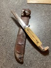 Vtg Queen Fixed Blade Hunting Knife W sheath Bone Handle