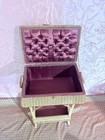 Vintage Sewing Basket Stand  1960s Mid Century Rattan Storage  Padded Floral Vel