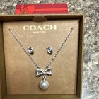 Coach Silver Tone Bow Faux Pearl Crystal Necklace   Earrings Set