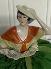 Art Deco Porcelain Half Doll Pin Cushion Figurine Fabric Dress Lace Germany