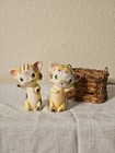 Yellow Anthropomorphic Kitten Kitty Cat Salt   Pepper Shakers Basket See Photos 