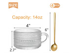 Set Of 4 Embossed Glass Coffee Mugs 14oz W  Handles   Gold Spoons New Drinkware