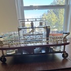 Vintage Metal And Glass Bar Cart  Burgundy Gold  Wheeled  1 Shelf