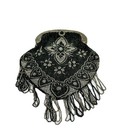 Antique Black Glass And Silver Steel Micro-beaded Purse With A Filigree Frame