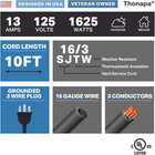 10 Ft Black Extension Cord - 16 3 Electrical Cable With 3 Prong Grounded Plug