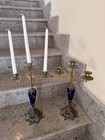 Pair Of 3 Arms lights Metal   Blue Porcelain Floral Decorated Chandeliers