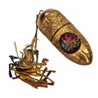 Antique German Petit Point Floral Scroll Gold Tone Sewing Kit Contents Thimble 