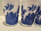 Set Of 4 Vtg Blue Willow Highball Glasses 3 75    Asian Pagoda Print Tumblers Mcm