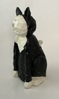 Hand-carved Wooden Tuxedo Cat Sculpture - Folk Art Style  10 Inches