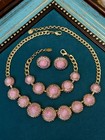 Vintage Pink Statement Necklace Earrings Bracelet Set 90s Gold Crystal Jewelry