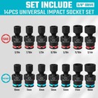 Duratech 14pcs 3 8  Universal Impact Swivel Socket Set Shallow Wobble Sae Metric