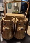 Unique Vintage Rattan Wicker Picnic Basket Dog Head Design Rustic Decor