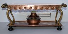 Antique Arts   Crafts   Copper Brass Plate Warmer - Turned Wood Handles