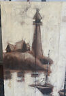 Vintage Original Lighthouse Oil Painting On Wood Board Slats Home Decor By Lewis