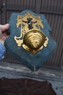 Antique French Holy Water Font Plaque Metal Gold Gilt On Velvet Religious