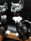 Vintage Pair Ceramic Black Siamese Cat Figurines Collars Green Eyes 6 1 2  Kitty