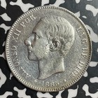 1885 Spain 5 Pesetas Lot t2402 Large Silver Coin  Nice Detail  Old Cleaning