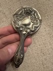 Antique Art Nouveau Hand Mirror 4    Floral Repousse Metal Vanity Doll Accessory