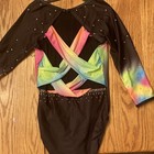 Black Long Sleeve Gymnastics Leotard Rainbow Ombre Rhinestones Crisscross