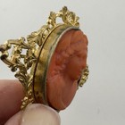 Old Antique Yellow Gold Plated filled Carved Salmon red Coral Cameo Brooch