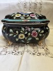 Vintage Porcelain Trinket Box Floral Black Gold Footed Jewelry Box