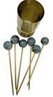 Vintage Cocktail Picks Set Marble Ball Tops Gold Tone W  Holder 7pc Mcm