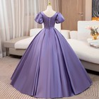 Elegant Lavender Prom Dresses V Neck Puff Sleeves Satin Ruched Evening Gowns