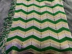 Retro 70s Crochet Afghan Chevron Stitch Green Yellow White Blanket Throw 73x73