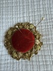 Vintage Gold Tone Ornate Footed Pin Cushion Sewing Pearl Accents