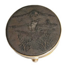 Vtg Amita Pill Box Engraved Sailboat Landscape Silver Tone Plated Brass 1  Japan